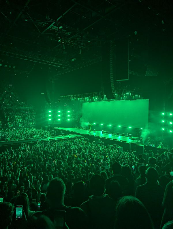 _Tyler, The Creator performs on a large stage bathed in green lighting, facing a crowd packed with raised phones and arms._